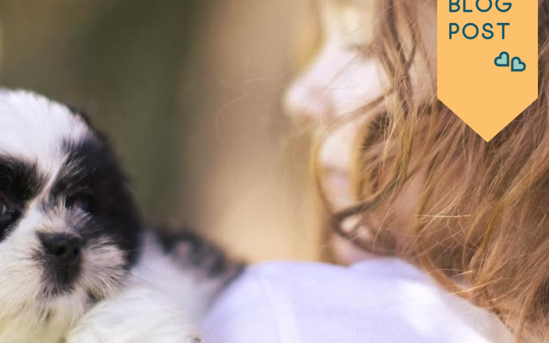 A young girl with wavy hair holds a small black-and-white puppy. Text reads “Puppy Parenting 101” and “New Blog Post” in a light, playful design with heart accents—perfect for anyone starting their puppy parenting 101 journey.