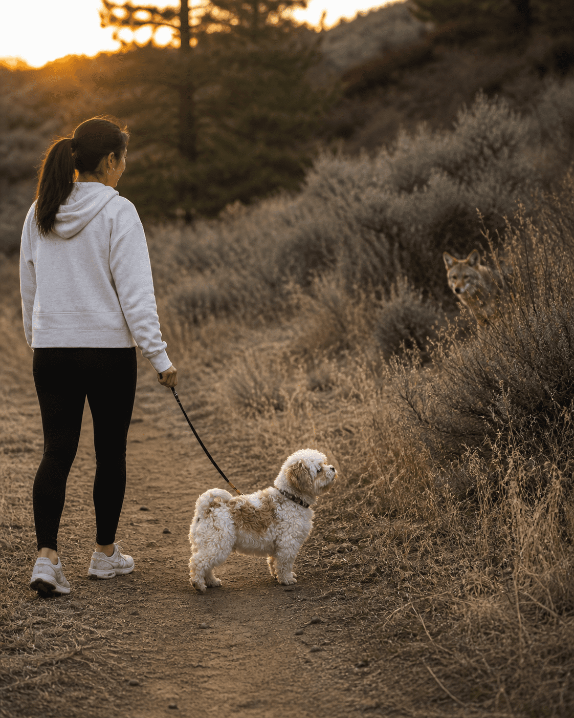 Person walking a fluffy Habibi puppy on a leash encountering a coyote during coyote pupping season Keeping a Habibi dog safe on leash during coyote pupping season at dawn