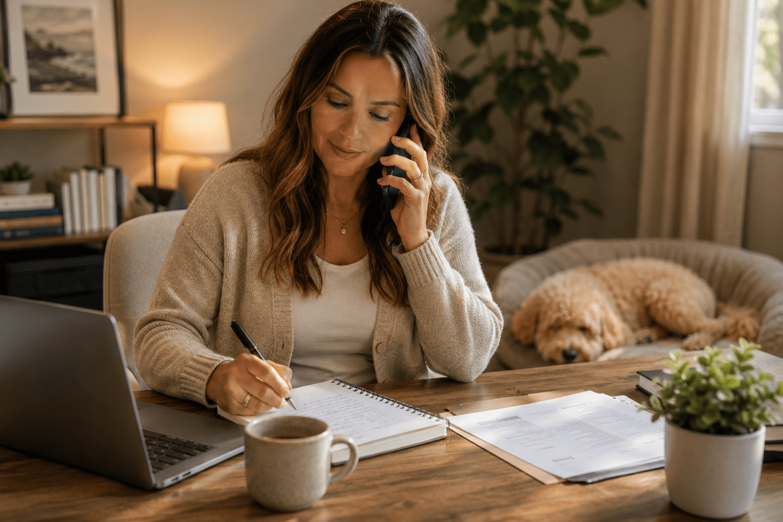 cost-of-service-dog-for-autism-habibi-family-2026 Parent researching the cost of a service dog for autism with a Habibi Bear by their side