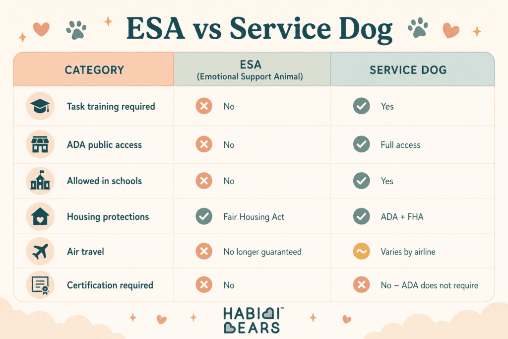 Comparison of ESA vs Service dog by Habibi Bears