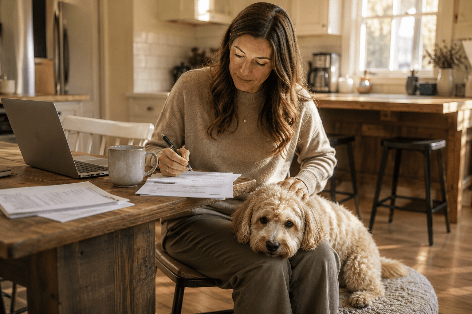 service-dog-grants-autism-financial-help-2026 Parent researching the cost of a service dog for autism with a Habibi Bear by their side