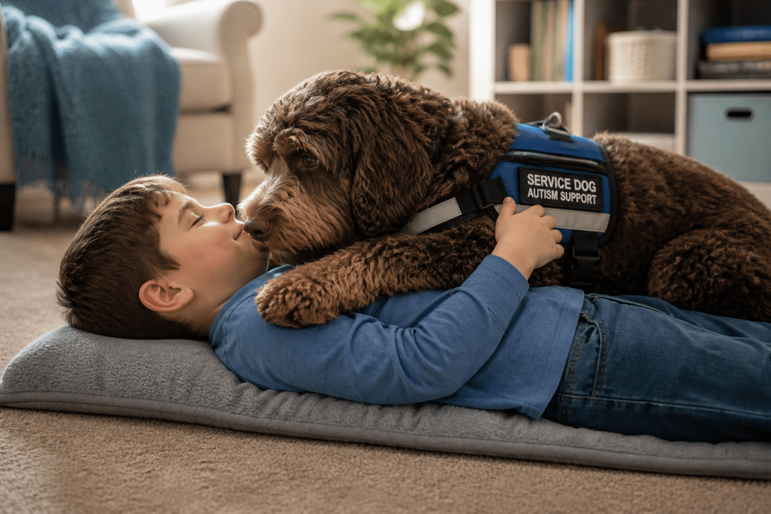 Habibi service dog for autism making deep eye contact with a child Habibi service dog for autism making deep eye contact with a child