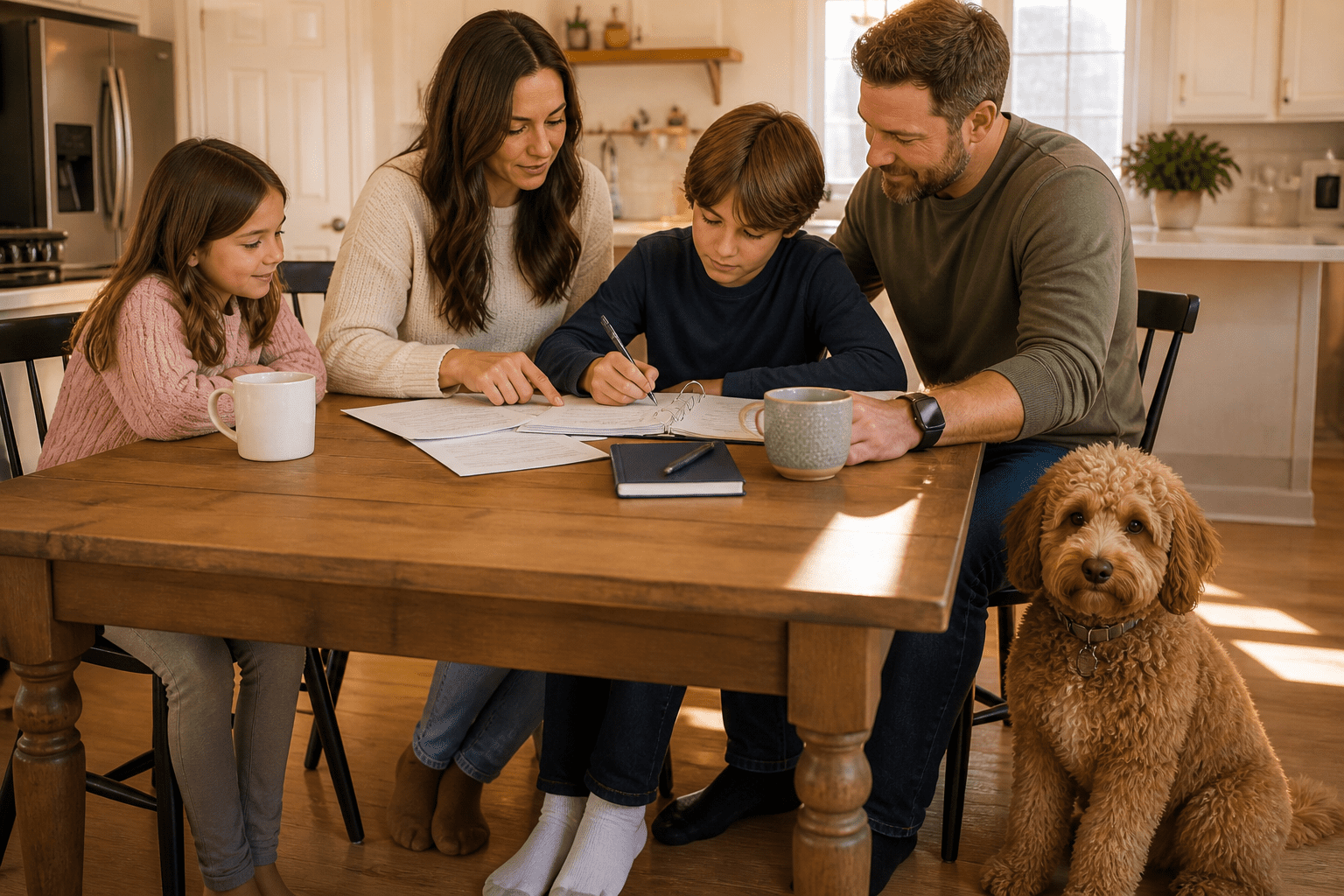 how-to-get-service-dog-for-autism-habibi-family Family learning how to get a service dog for autism with a Habibi puppy nearby