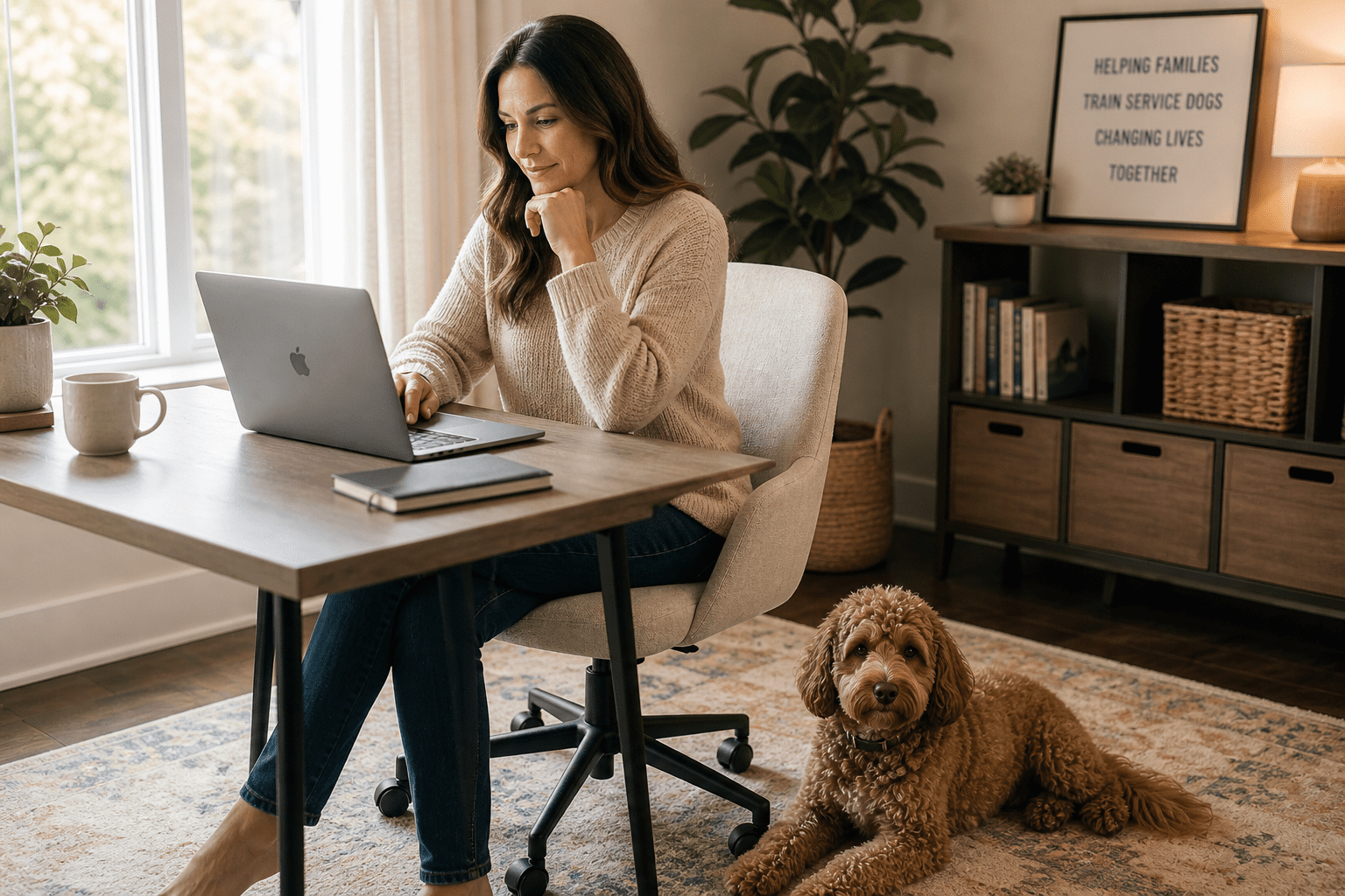 how-to-qualify-service-dog-autism-research Parent researching how to get a service dog for autism online