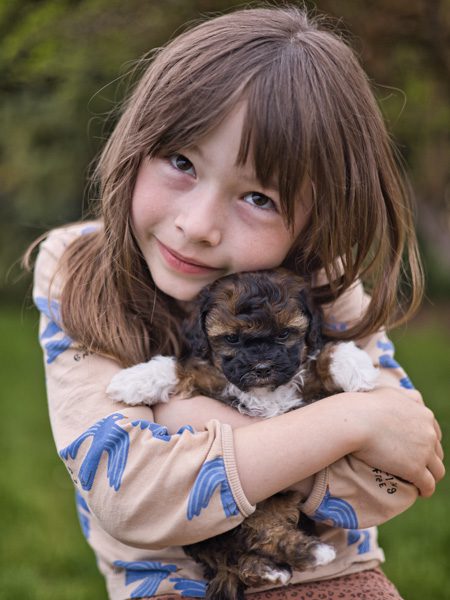 Habibi Bears | A Little Companion, Held Close A child cuddles a small brown-and-white Habibi Bears puppy outdoors.