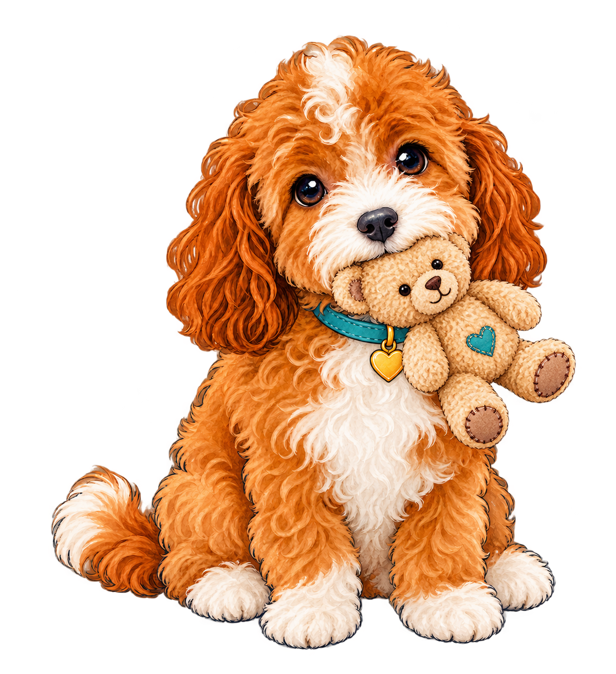 A red-and-white Habibi puppy holding her teddy bear stuffy